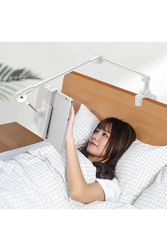 Alüminyum Alaşımlı Ayarlanabilir Uzun Kollu Telefon ve Tablet Tutucu Stand - Yatak ve Masa için