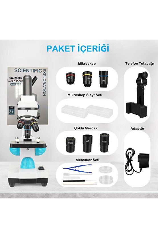 Mikroskop 2000 Kat HD Büyütme Dijital Monoküler Biyolojik Tıbbi Laboratuvar Okul Mikroskop Seti