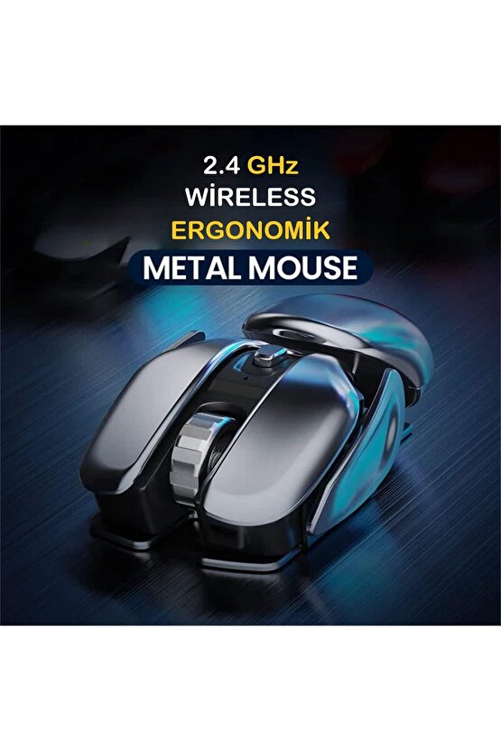 Kablosuz Şarjlı Mouse Modern Tasarım Ergonomik Metal Mouse, 2,4 GHz Sessiz Tıklama