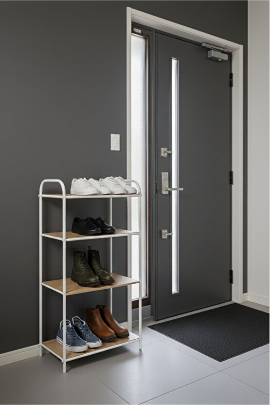 4 Katlı Beyaz Ahşap Ayakkabılık Rafı 4 Bölmeli Ayakkabılık Düzenleyici