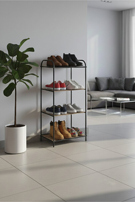 4 Katlı Siyah Ahşap Ayakkabılık Rafı 4 Bölmeli Ayakkabılık Düzenleyici