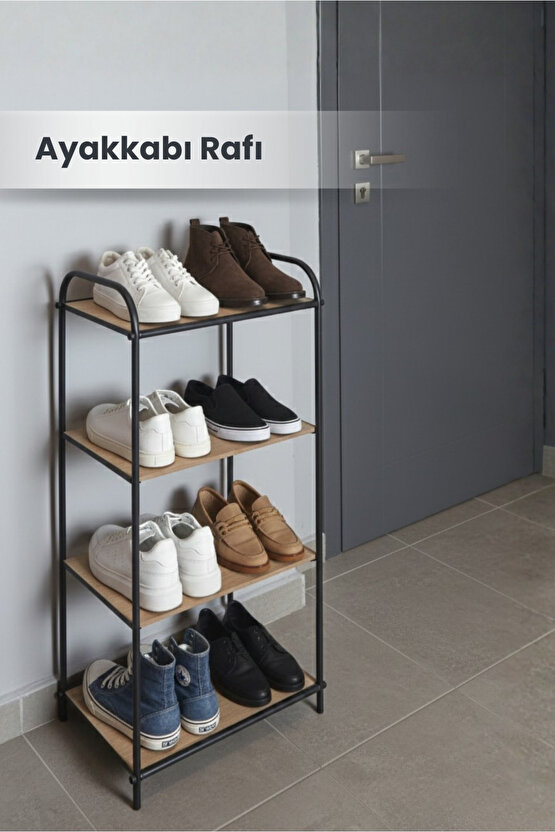 4 Katlı Siyah Ahşap Ayakkabılık Rafı 4 Bölmeli Ayakkabılık Düzenleyici