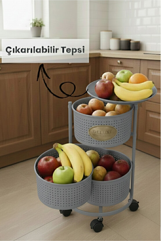 3 Katlı Tekerlekli Tepsili Metal Sebzelik Açılır Patates Soğan Meyvelik Sepeti Raf Antrasit Gri