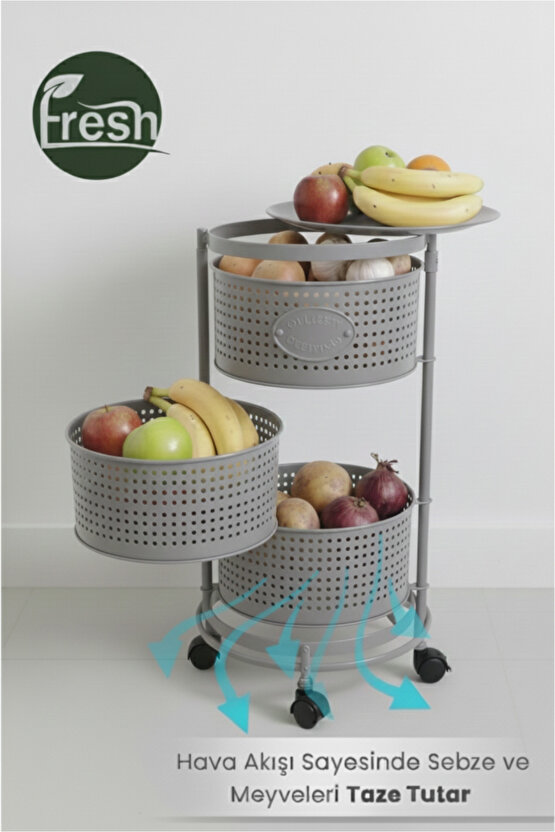 3 Katlı Tekerlekli Tepsili Metal Sebzelik Açılır Patates Soğan Meyvelik Sepeti Raf Antrasit Gri