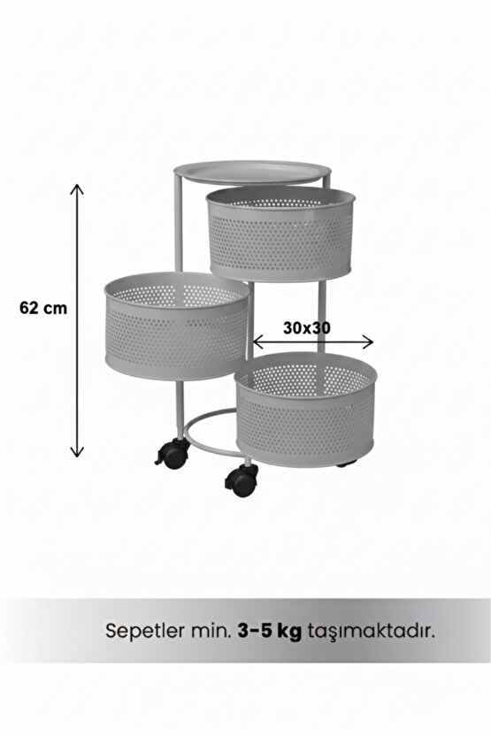 3 Katlı Tekerlekli Tepsili Metal Sebzelik Açılır Patates Soğan Meyvelik Sepeti Raf Antrasit Gri