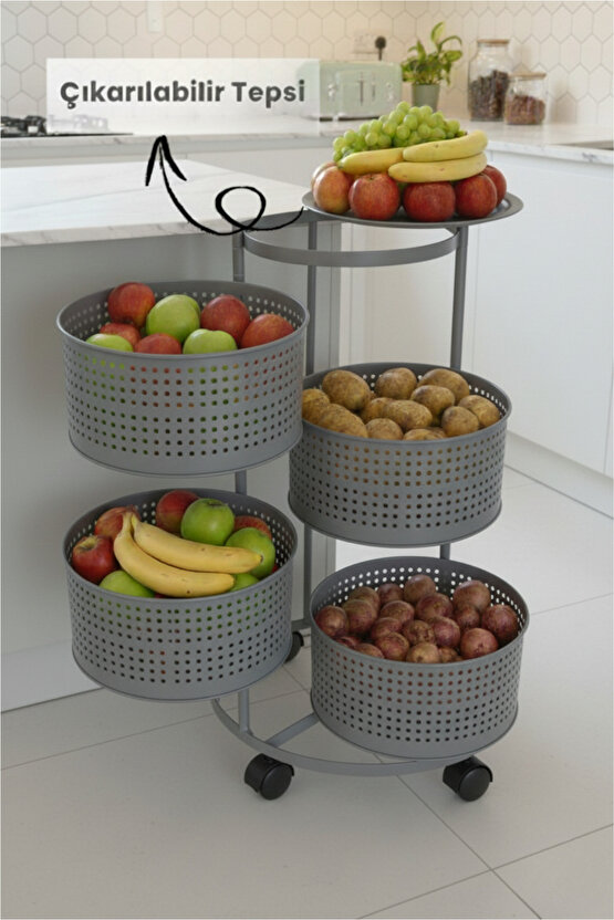 4 Katlı Tekerlekli Tepsili Metal Sebzelik Açılır Patates Soğan Meyvelik Sepeti Raf Antrasit Gri