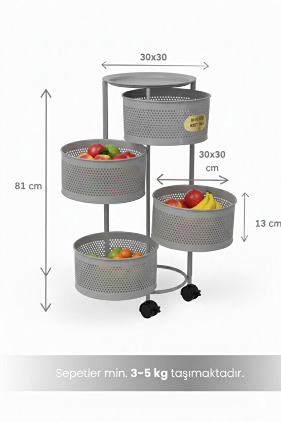 4 Katlı Tekerlekli Tepsili Metal Sebzelik Açılır Patates Soğan Meyvelik Sepeti Raf Antrasit Gri
