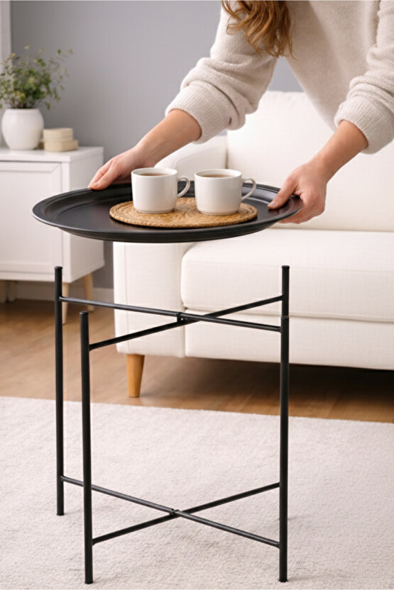 Katlanır Tepsili Metal Sehpa Çok Amaçlı Çıkarılabilir Tepsili Sehpa