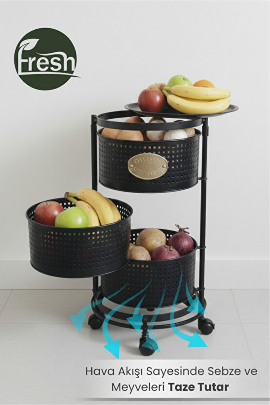3 Katlı Tekerlekli Tepsili Metal Sebzelik Açılır Patates Soğan Meyvelik Sepeti Raf SİYAH