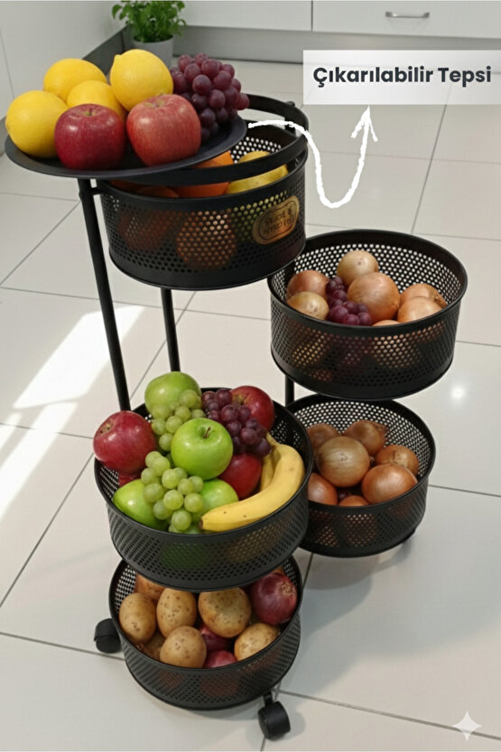 5 Katlı Tekerlekli Tepsili Metal Sebzelik Açılır Patates Soğan Meyvelik Sepeti Raf SİYAH