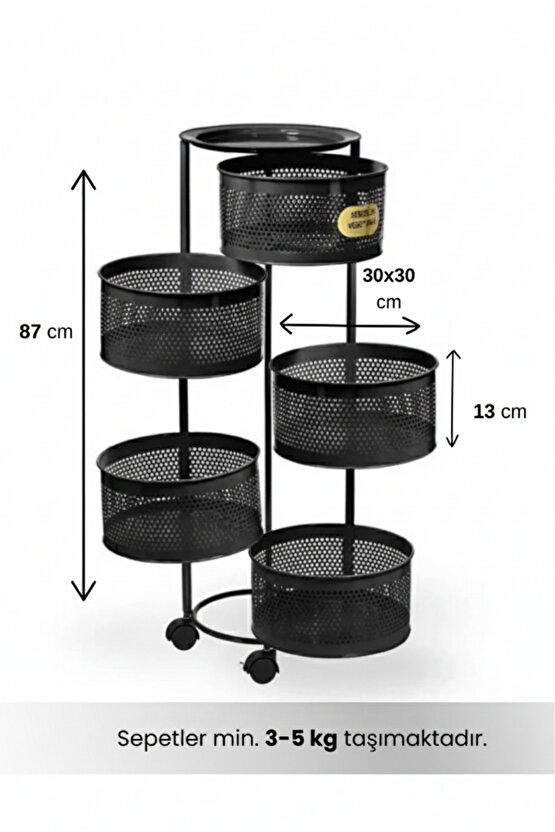 5 Katlı Tekerlekli Tepsili Metal Sebzelik Açılır Patates Soğan Meyvelik Sepeti Raf SİYAH