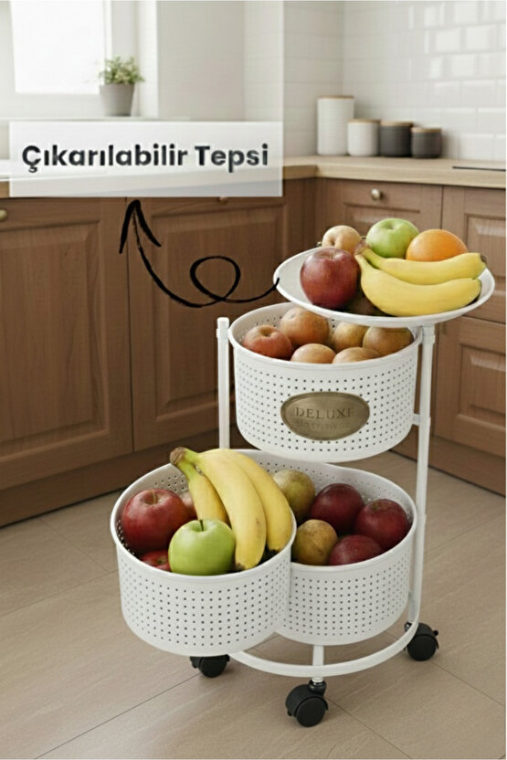 3 Katlı Tekerlekli Tepsili Kule Sebzelik Açılır Metal Patates Soğan Meyvelik Sepetli Raf BEYAZ