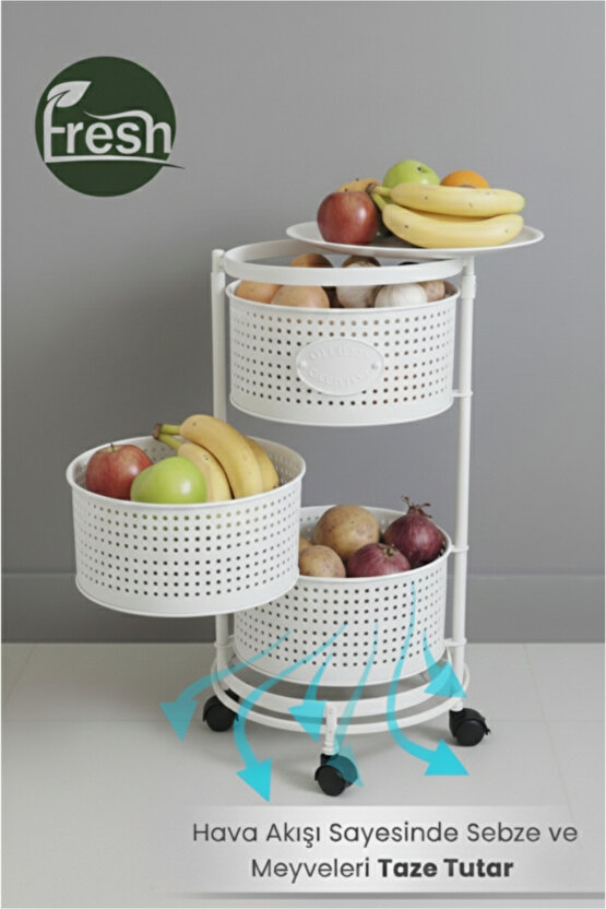 3 Katlı Tekerlekli Tepsili Kule Sebzelik Açılır Metal Patates Soğan Meyvelik Sepetli Raf BEYAZ