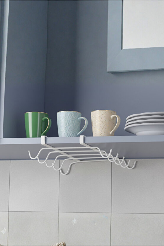 Raf Altı Asılabilir 10 Kancalı Fincan Ve Kupa Bardak Düzenleyici Askılığı - Beyaz