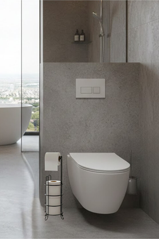 Ayaklı Yedekli Metal Tuvalet Kağıtlığı - Siyah Tel Tasarım - Banyo Düzenleyici