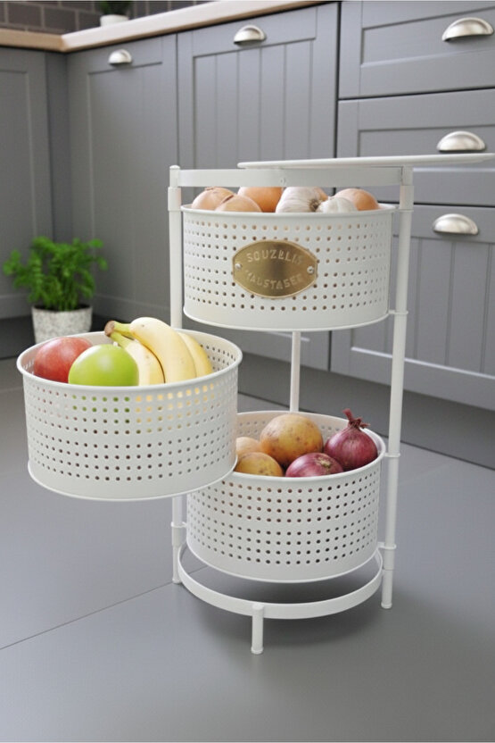 3 Katlı Tepsili Metal Sebzelik Açılır Metal Patates Soğan Meyvelik Sepeti Rafı Beyaz
