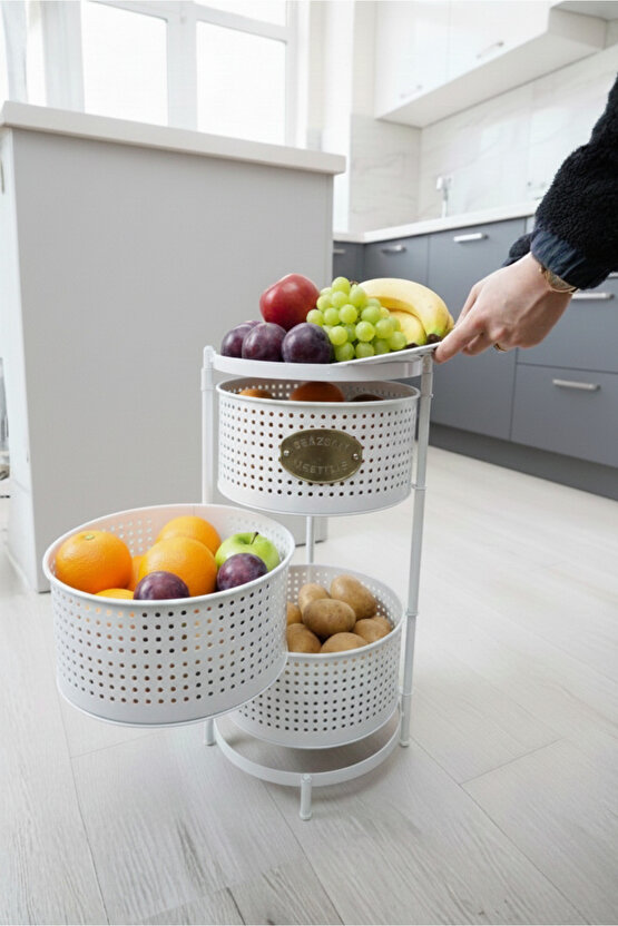 3 Katlı Tepsili Metal Sebzelik Açılır Metal Patates Soğan Meyvelik Sepeti Rafı Beyaz