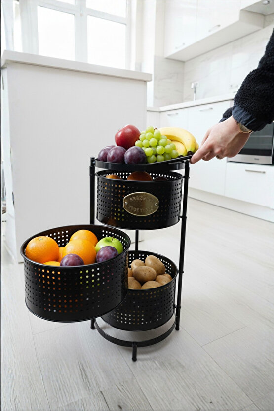 3 Katlı Tepsili Metal Sebzelik Açılır Metal Patates Soğan Meyvelik Sepeti Rafı Siyah