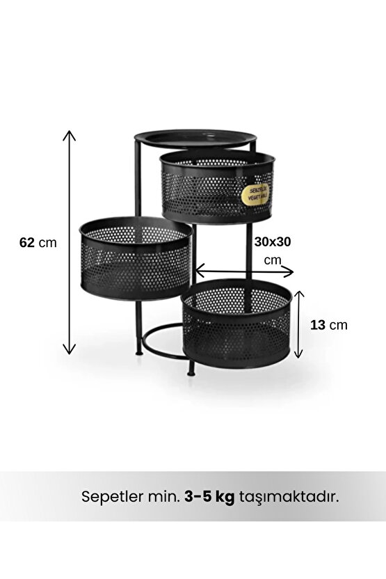 3 Katlı Tepsili Metal Sebzelik Açılır Metal Patates Soğan Meyvelik Sepeti Rafı Siyah
