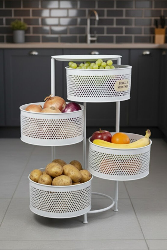 4 Katlı Tepsili Metal Sebzelik Açılır Metal Patates Soğan Meyvelik Sepeti Rafı Beyaz