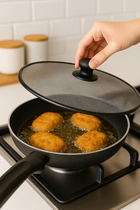 Yağ Sıçratmaz Kapak 33 cm - Isıya Dayanıklı - Üstten Tutmalı Tava Tencere Kapağı