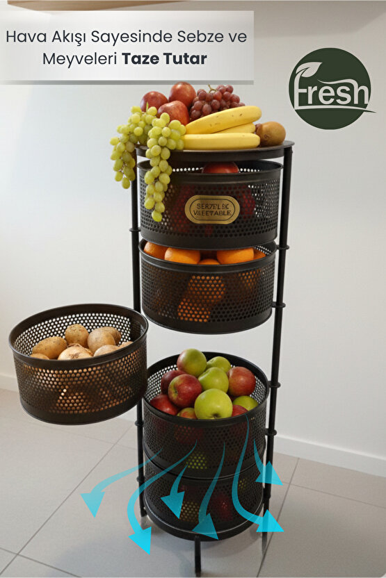 Metal Sebzelik 5 Katlı Tepsili Açılır Metal Patates Soğan Meyvelik Sepeti Rafı Siyah