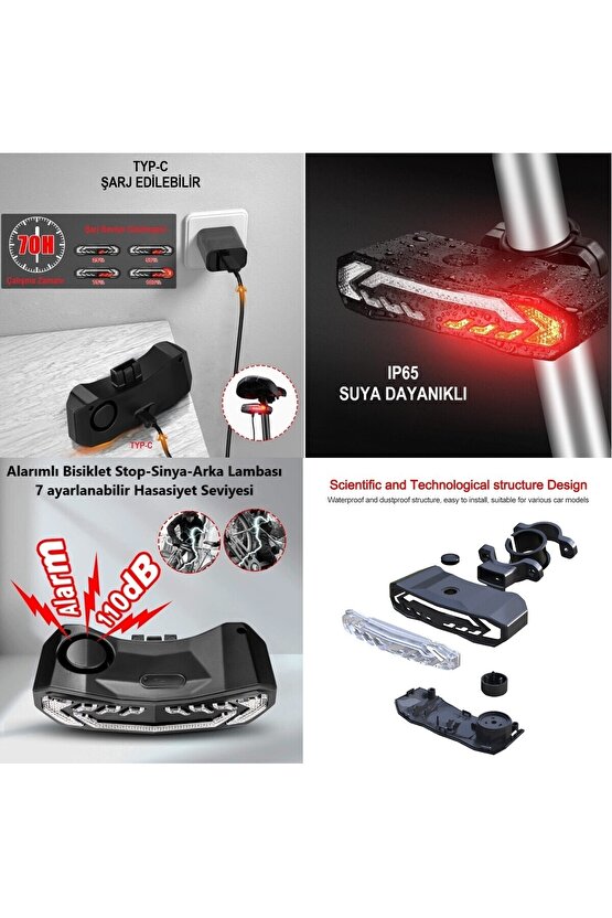 Akıllı Şarj Edilebilir Bisiklet Arka Lamba Dönüş Sinyali Stop Işığı, Uzaktan Kumandalı Alarm, Korna