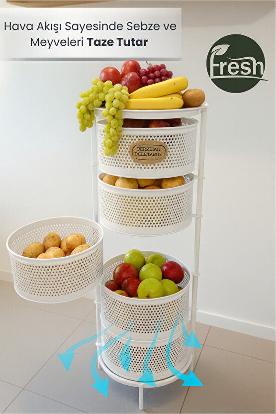 Metal Sebzelik 5 Katlı Tepsili Açılır Metal Patates Soğan Meyvelik Sepeti Rafı Beyaz