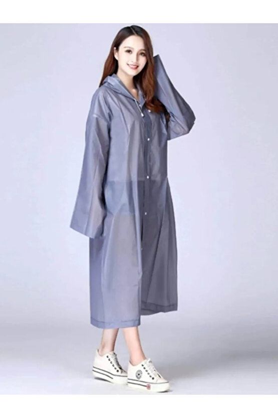 Eva Su Geçirmez Kaliteli Uzun Yağmurluk Unisex - Kadın Erkek Kapüşonlu Çıtçıtlı Standart Beden