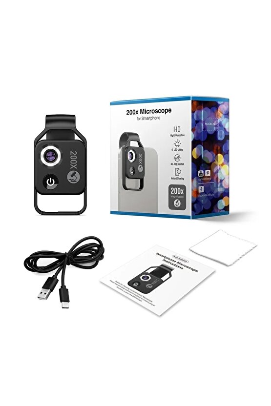 200x Hd Led Işıklı Taşınabilir Cep Telefonu Mikroskobu Cpl Lens (siyah)