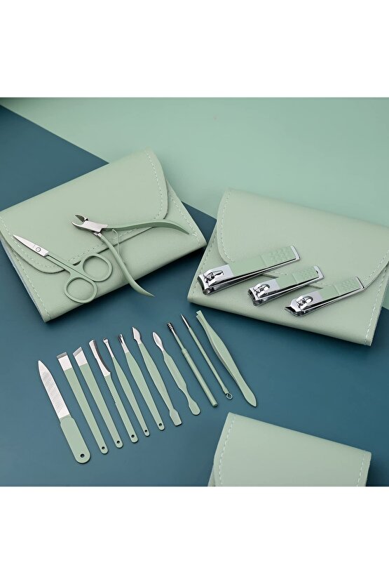 16 Parça Profesyonel Çelik Paslanmaz Deri Çantalı Manikür Pedikür Tırnak Yüz Bakım Seti- Yeşil