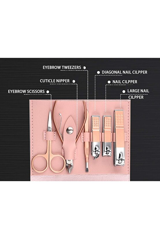 16 Parça Profesyonel Çelik Paslanmaz Deri Çantalı Manikür Pedikür Tırnak Yüz Bakım Seti -pudra Pembe