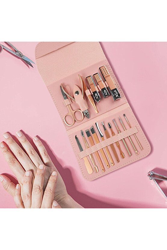 16 Parça Profesyonel Çelik Paslanmaz Deri Çantalı Manikür Pedikür Tırnak Yüz Bakım Seti -pudra Pembe