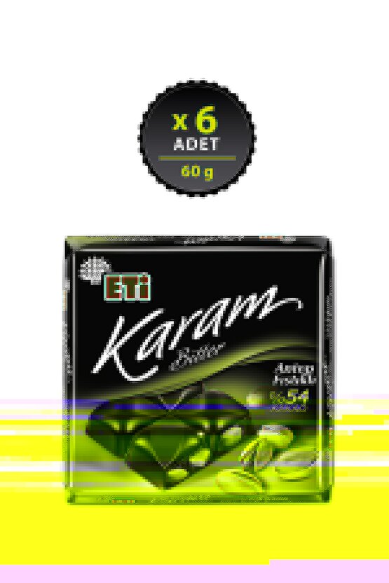 Karam %54 Kakaolu Antep Fıstıklı Bitter Çikolata 60 g x 6 Adet