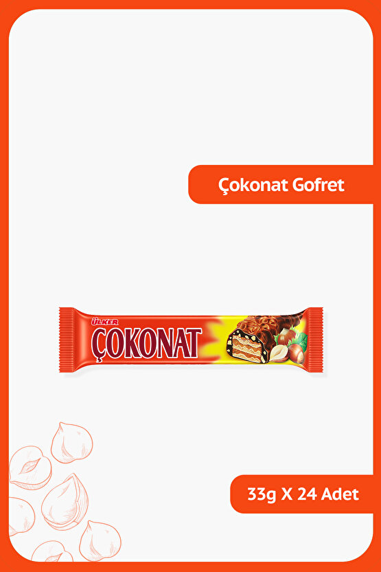ÇOKONAT -Sütlü Çikolata ve Fındık Parçacığı Kaplamalı Fındıklı Kremalı Gofret- 33 gram- 24 Adet