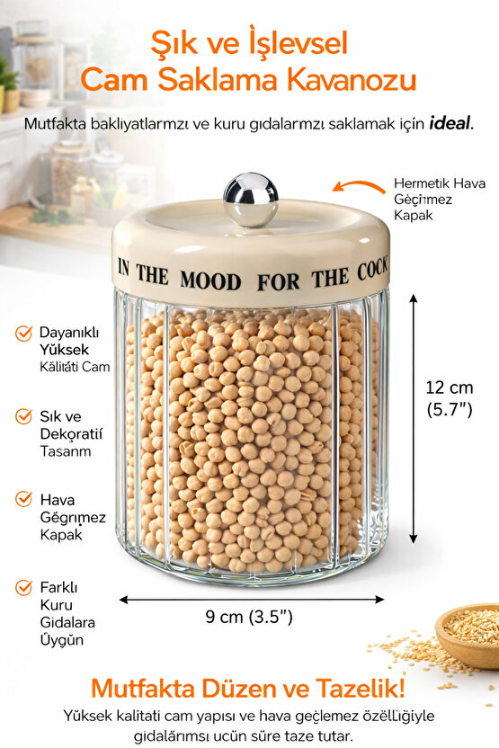 1400 ml Cam Saklama Kavanozu 12 x 9 cm Hava Geçirmez Bakliyat, Kahve, Makarna ve Kurabiye Kabı