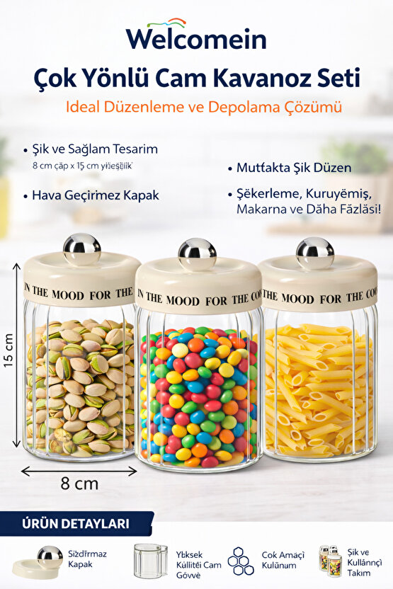 3’lü Cam Kavanoz Seti 450 ml – Hava Geçirmez Kapaklı, Çok Amaçlı Saklama Kabı