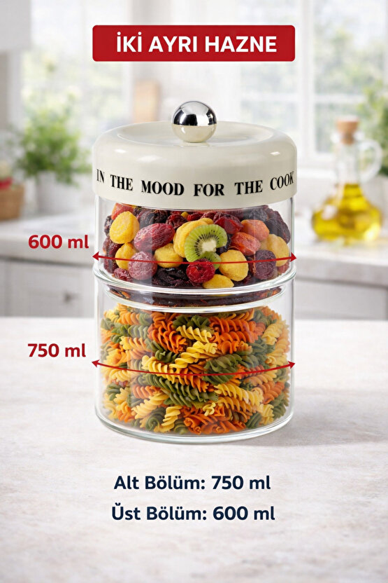 İki Bölmeli Cam Saklama Kavanozu 8 x 20 cm – 750 ml + 600 ml, Akasya Kapaklı