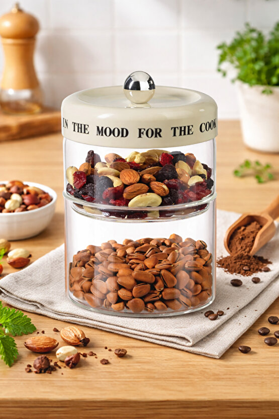 İki Bölmeli Cam Saklama Kavanozu 8 x 20 cm – 750 ml + 600 ml, Akasya Kapaklı