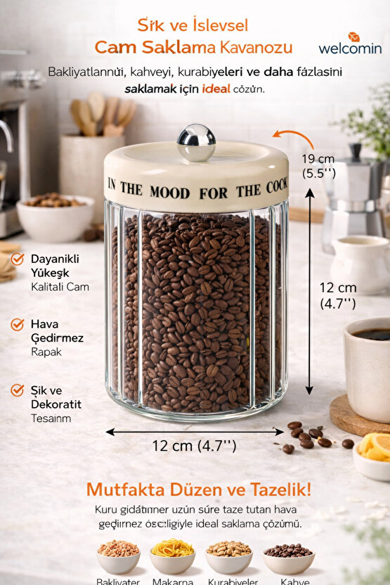 1100 ml Cam Saklama Kavanozu 12x19 cm – Hava Geçirmez Kapaklı Cam Mutfak Kavanozu