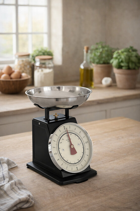 Vintage Tasarım Analog Mutfak Terazisi 5 kg Kapasiteli Pirinç Kaseli Siyah