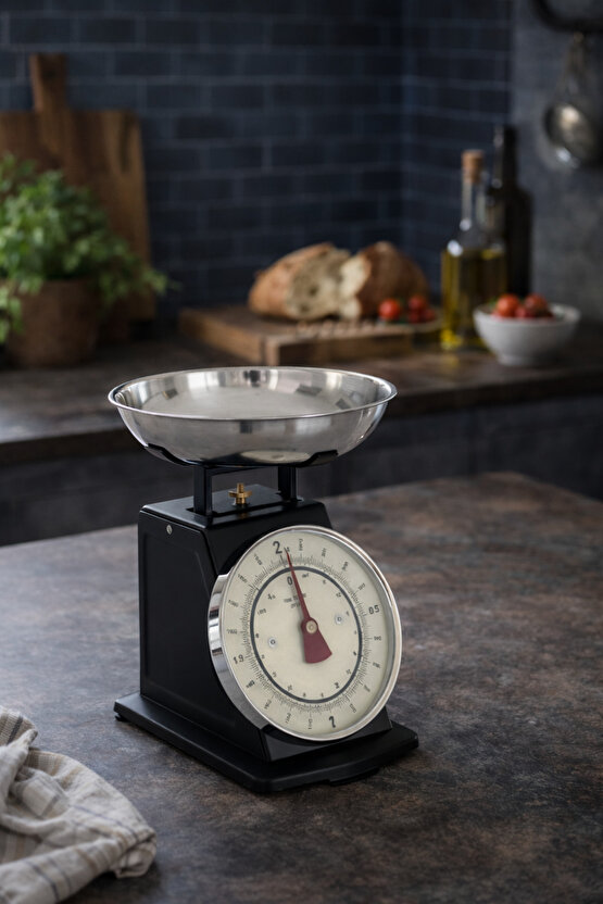 Vintage Tasarım Analog Mutfak Terazisi 5 kg Kapasiteli Pirinç Kaseli Siyah