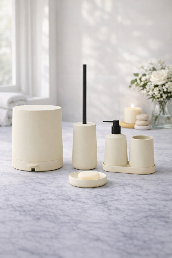 Mat Krem 5 Parça Yuvarlak Banyo Seti – Kovası, Tuvalet Fırçası, Sıvı Sabunluk
