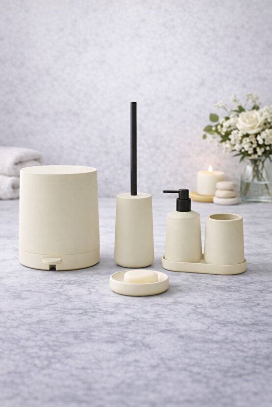 Mat Krem 5 Parça Yuvarlak Banyo Seti – Kovası, Tuvalet Fırçası, Sıvı Sabunluk