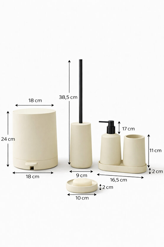 Mat Krem 5 Parça Yuvarlak Banyo Seti – Kovası, Tuvalet Fırçası, Sıvı Sabunluk