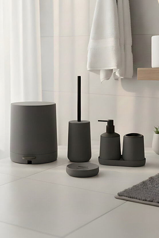Mat Gri 5 Parça Yuvarlak Banyo Seti – Kovası, Tuvalet Fırçası, Sıvı Sabunluk