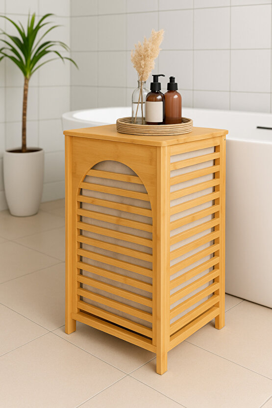 Bambu Kapaklı Çamaşır Sepeti – Havalandırmalı Kirli Sepeti, Çıkarılabilir İç Torbalı, 60x35x35 cm