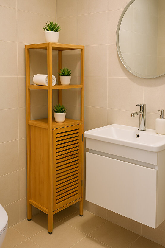 Bambu Banyo ve Çamaşır Dolabı – Çok Raflı, Kapaklı, Doğal Ahşap Düzenleyici
