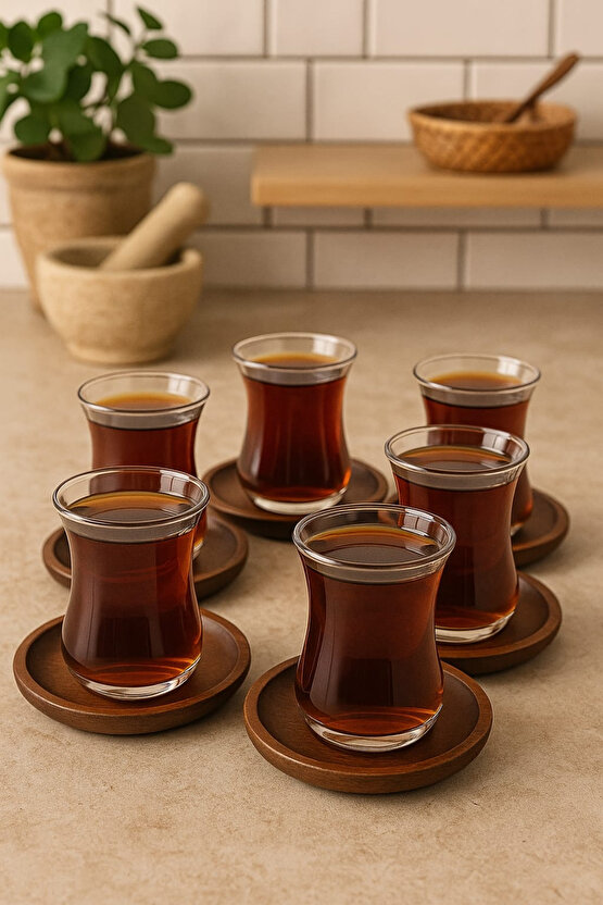 6lı Ahşap Fincan ve Bardak Altlığı Oval Akasya Sunum 11 Cm