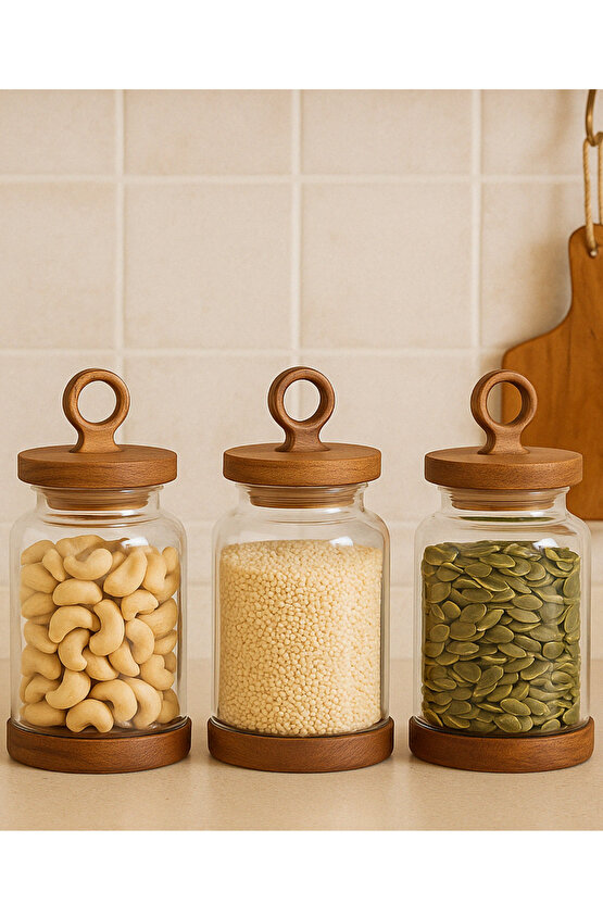 3lü Ahşap Kapaklı Cam Kavanoz Seti Vakum Kapaklı Büyük Boy Erzak Bakliyat Seti Gıda Saklama Kabı